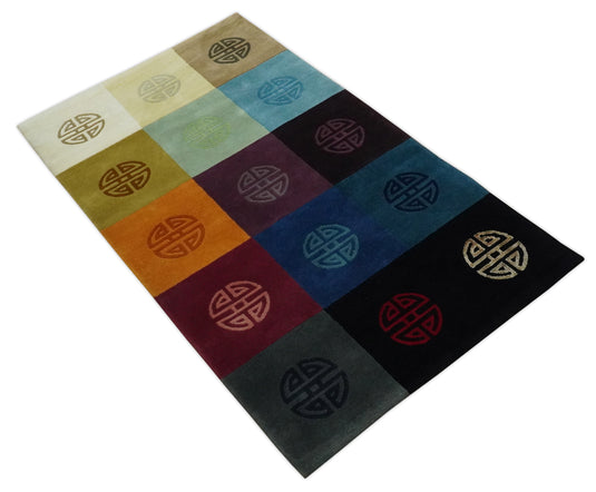 Modern Geometrical Pattern Handloom Multi Color 3x5 ft Bedroom, Living Room Rug Wool and Art Silk Area Rug AAOC2635