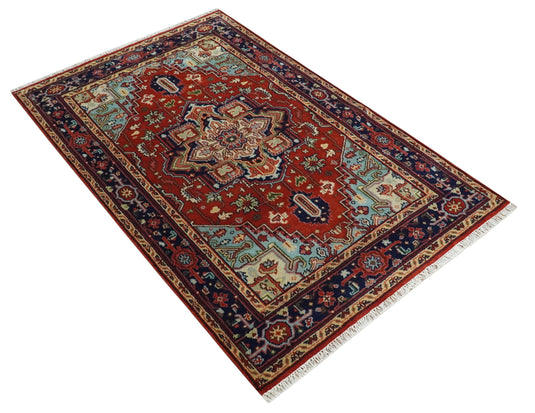 HandKnotted Heriz Serapi Rug Navy Blue, and Rust Ideal for Living, Bedroom, and Dining Room 5x8, 6x9, 8x10, 9x12 and 10x14 Wool Rug