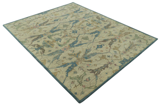 Beige And Blue Traditional Oushak Design Hand Tufted 8x10 ft Bedroom, Living Room Rug Wool Area Rug