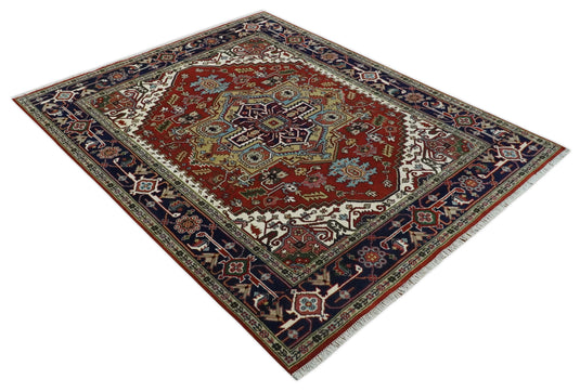 Hand Knotted Heriz Serapi Rug Rust and Blue 8x10 ft Ideal for Living, Bedroom, and Dining Rooms | CP1859810S