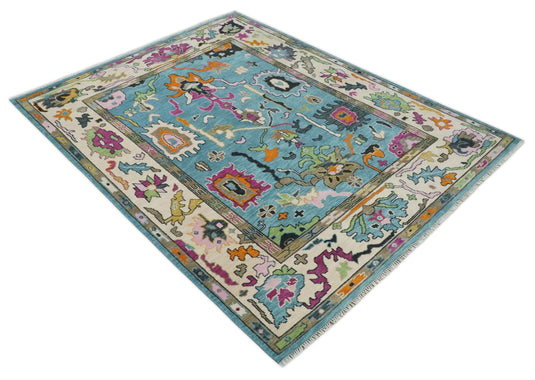 Hand Knotted Oriental Oushak Colorful Rug Blue and Beige 8x10 ft Ideal for Living, Bedroom, and Dining Rooms | CP1861810