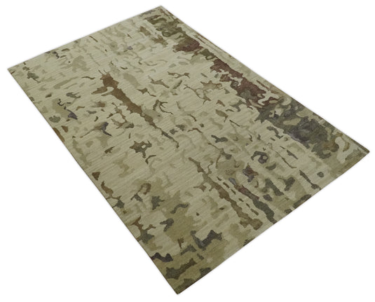 Abstract Design Hand Knotted Ivory and Brown Color 4x6 ft Bedroom, Living Room Rug Wool and Art Silk Area Rug