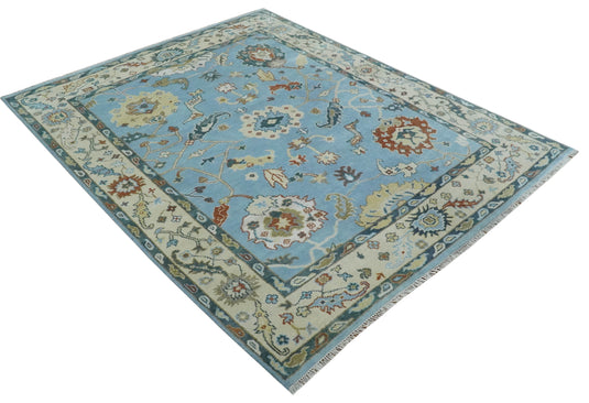 Hand Knotted Oriental Oushak Rug Blue and Beige 8x10 ft Ideal for Living, Bedroom, and Dining Rooms | CP1909810S