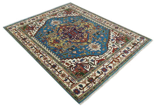 Hand Knotted Heriz Serapi Rug Ivory and Blue 8x10 ft Ideal for Living, Bedroom, and Dining Rooms | CP1857810