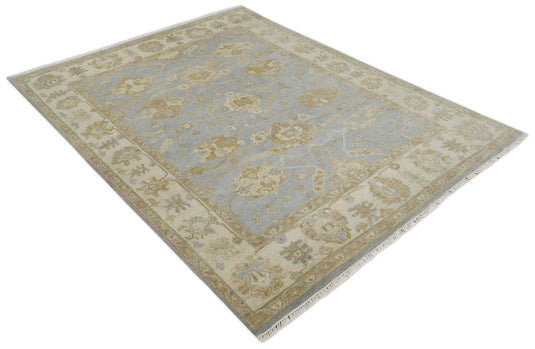 Hand Knotted Traditional Oushak Blue, Beige and Ivory 8x10 ft Bedroom, Living Room Rug ,wool Area Rug