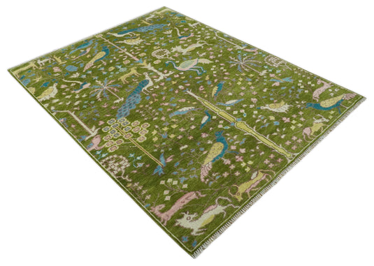 Green, Teal and Peach Jungle Life Peacock Bird Hand Knotted 6x6R, 8x10 ft Wool Rug, Living Room | CP2201