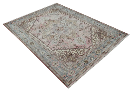 Beige, Peach and Silver Antique Finish Hand knotted Heriz Serapi 8X10 ft  wool Area Rug CP1815810S