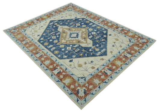 Custom Made Traditional Floral Blue, Silver, Ivory And Rust Hand Tufted wool Area Rug