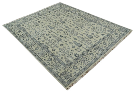 Tree Of Life Ivory, Silver And Charcoal Hand Knotted 8x10 ft Bedroom, Living Room Rug Wool Area Rug