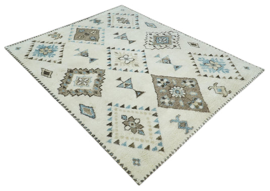 Moroccan Hand Woven Ivory, Brown and Blue 8x10 ft Bedroom, Living Room Rug, Wool Area Rug