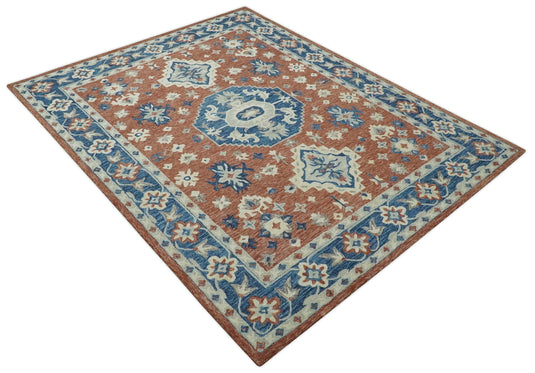 Custom Made Traditional Motifs Rust, Blue, And Ivory Hand Tufted Wool Area Rug