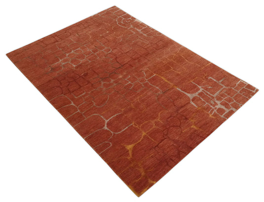 Contemporary Geometrical Pattern Handloom Rust 5x7 ft Bedroom, Living Room Rug , Wool, Art Silk  Area Rug AAOC1157