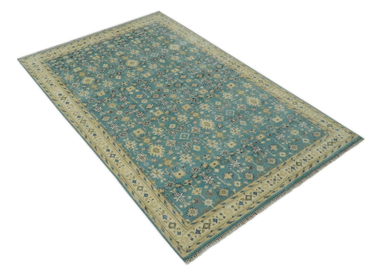 Custom Made Hand Knotted Herati Pattern Rug Teal, Beige and Blue Wool Area Rug