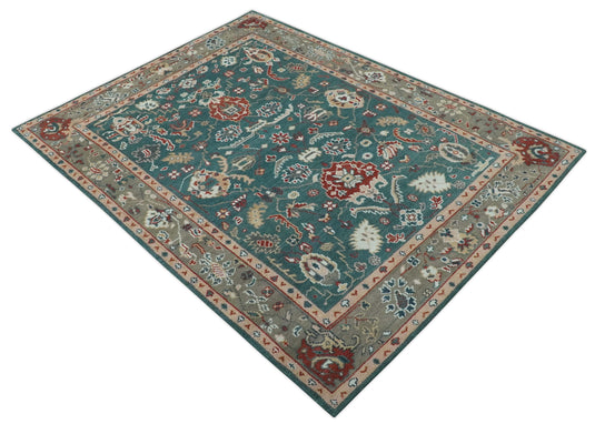 Traditional Oushak Green, Brown and Rust Hand Knotted 8x10 ft wool Area Rug