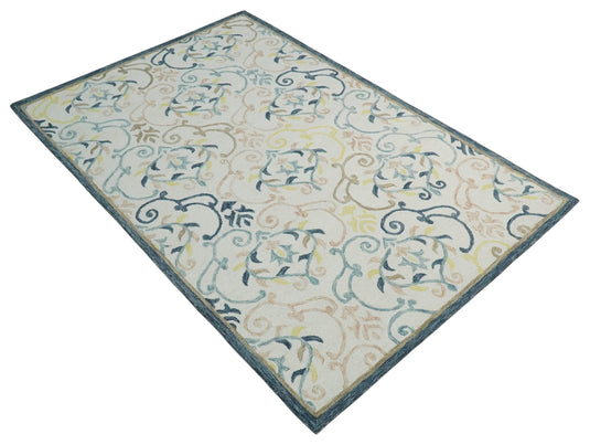 Custom Made Floral Pattern Ivory, Blue, Yellow And Brown Hand Tufted  Wool Area Rug