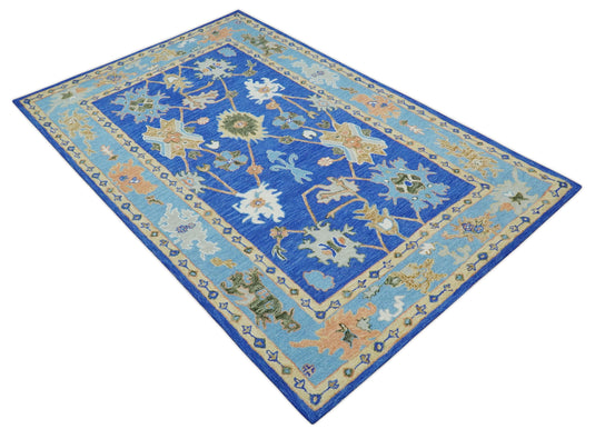 Custom Made Traditional Oushak Blue, Aqua And Camel Hand Tufted  Wool Area Rug