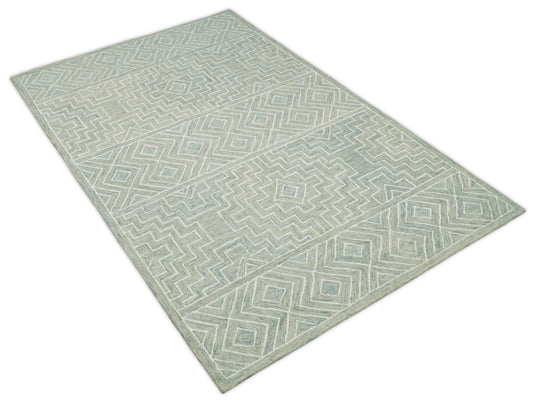 Custom Made Geometrical Beige And Ivory Hand Tufted Wool Area Rug