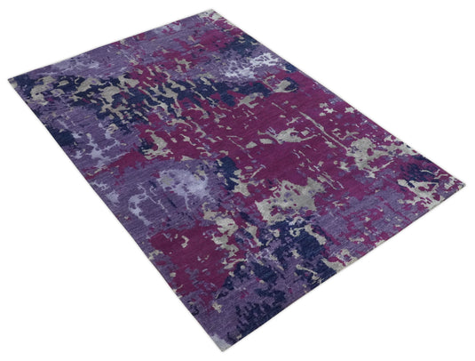 Abstract pattern Hand Knotted Purple, Dark Blue and Violet Color 4x6 ft Bedroom, Living Room Rug Wool and Viscose Area Rug