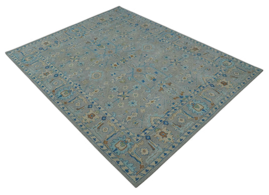 Traditional Floral Gray, Blue, Aqua, Beige And Ivory Hand Knotted 8x10 ft Bedroom, Living Room Rug Wool Area Rug