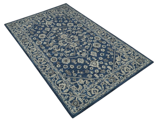 Hand Tufted Navy Blue and Beige Traditional Medallion 5x8 ft Bedroom, Living Room Rug Wool Area Rug