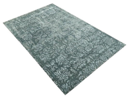 Abstract Floral pattern Hand Knotted Charcoal, Gray and white Color 6x9 ft Bedroom, Living Room Rug Wool and Art Silk Area Rug