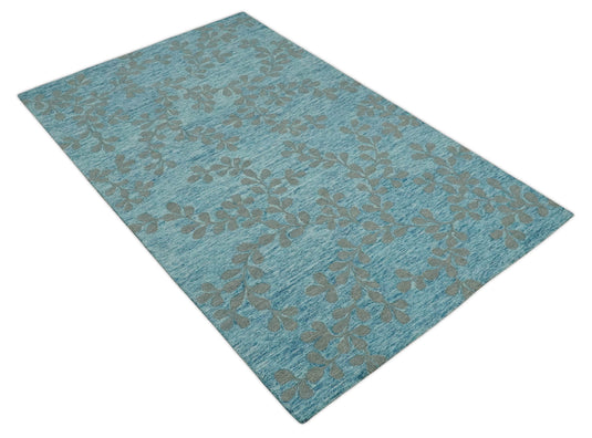 Custom Made Traditional Floral Pattern Light Blue And Gray Hand Tufted  Wool Area Rug