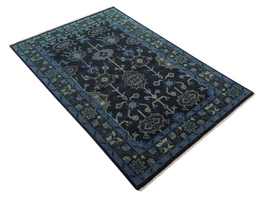 Custom Made Hand Knotted Blue, Black And Gray Traditional Oushak Wool Area Rug