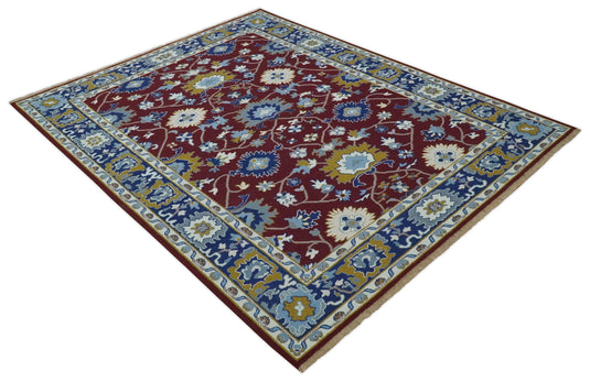 Traditional Oriental Oushak Hand knotted Maroon and Blue 8x10 ft Bedroom, Living Room Rug ,wool Area Rug