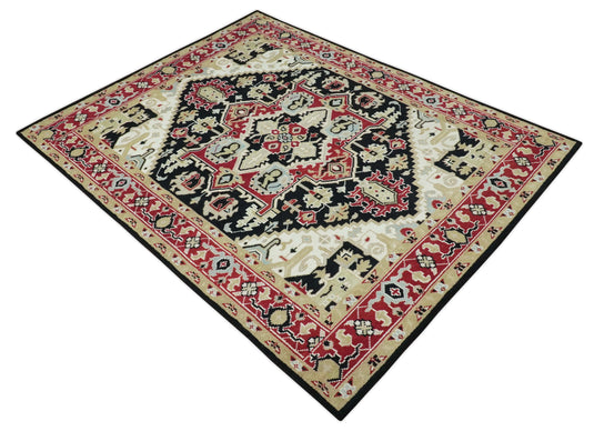 Traditional Pattern Black, Beige, Ivory and Red Hand Knotted 8x10 ft wool Area Rug