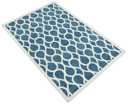 Custom Made Modern Trellis Pattern Blue And Ivory Hand Tufted Wool Area Rug