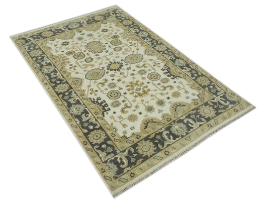 Custom Made Hand Knotted Oushak Ivory, Beige, Gray And Charcoal Wool Area Rug