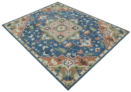 Custom Made Medallion Blue, Rust, Olive And Ivory Hand Tufted Wool Area Rug