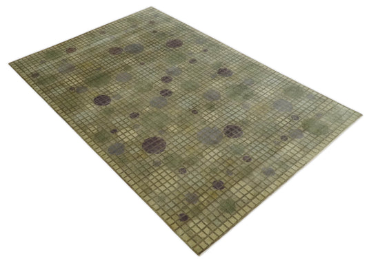 Modern Geometrical Pattern Hand Knotted Olive 5x8 ft Bedroom, Living Room Rug , Wool and Viscose Area Rug AAOC1258