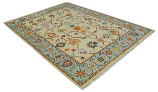 Traditional Oriental Colorful Oushak Hand knotted Beige and Aqua 9x12 ft Bedroom, Living Room Rug ,wool Area Rug