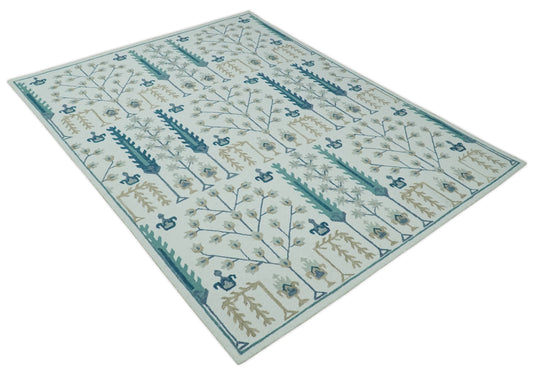 Custom Made Tree Of Life Ivory, Teal, Beige And Silver Hand Tufted Wool Area Rug