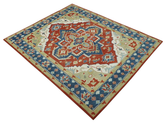 Custom Made Traditional Medallion Pattern Red, Blue, Ivory and Olive Hand Knotted wool Area Rug