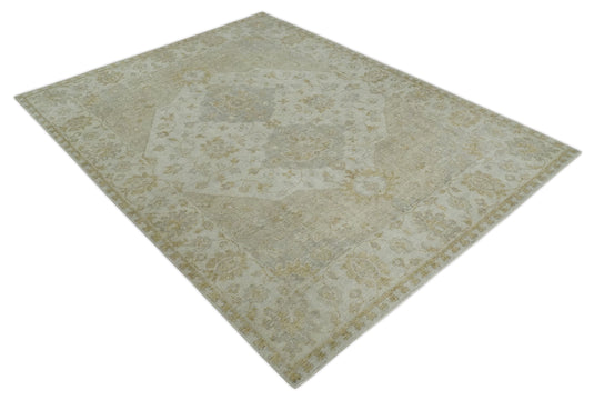 Custom Made Traditional Floral Pattern Ivory And Brown Hand Knotted Wool Area Rug