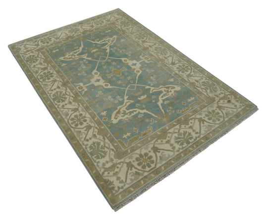 Custom Made Hand Knotted Oriental Oushak Beige, Ivory And Teal Wool Area Rug