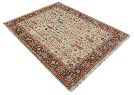 Custom Made Traditional Light Beige, Brown, Olive And Rust Tree Of Life Hand Knotted Oushak Wool Area Rug