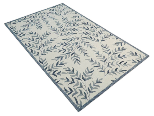 Custom Made Ivory, Gray And Charcoal Leaves Pattern Hand Tufted  Wool Area Rug