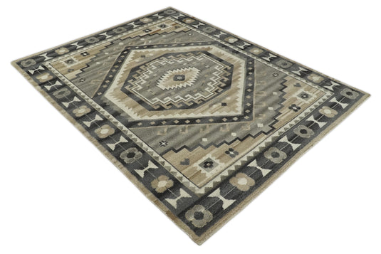 Traditional Medallion pattern Ivory, Beige, Charcoal and Brownish Gray Hand knotted 8x10 ft wool Area Rug