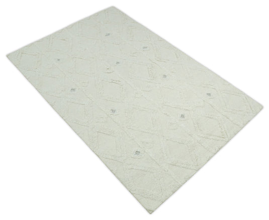 Custom Made Geometric Pattern Ivory Hand Tufted Wool Area Rug