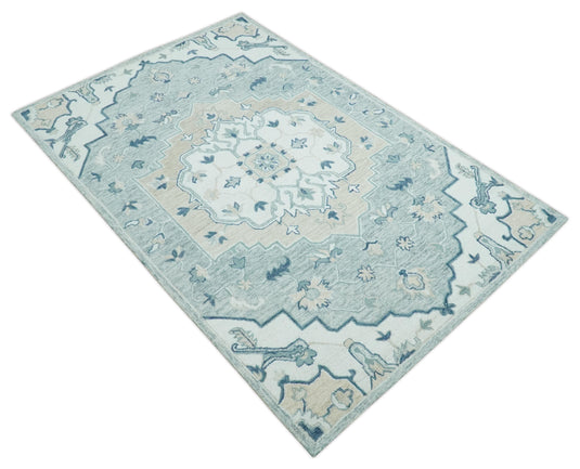 Custom Made Ivory, Gray, Camel And Blue Medallion Hand Tufted Wool Area Rug