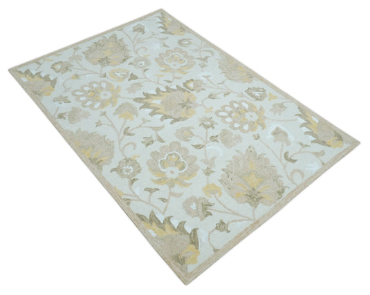 Custom Made Floral Pattern Silver, Olive, Beige And Yellow Hand Tufted Wool Area Rug