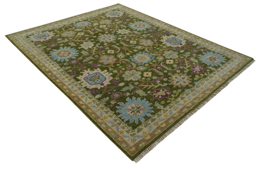 Custom Made Hand Knotted Green, Blue And Purple Herati Wool Area Rug