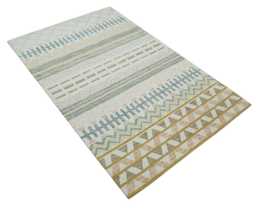 Custom Made Geometrical Pattern Ivory, Blue, Brown And Olive Hand Tufted  Wool Area Rug