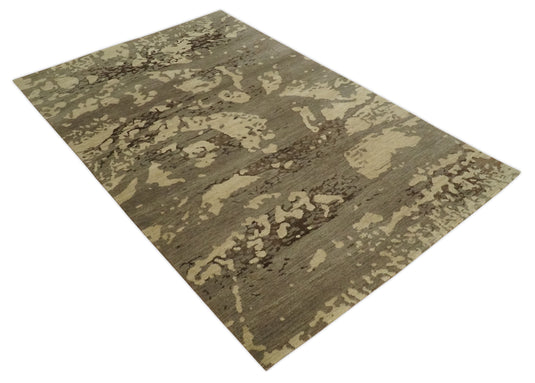 Abstract Handloom Brown and Beige 5x8 ft Bedroom, Living Room Rug Wool and Art Silk Area Rug