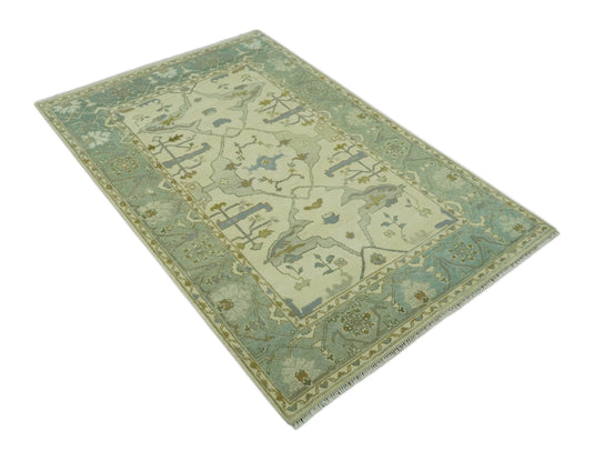 Custom Made Hand Knotted Sage Green, Beige, Gray And Green Oriental Oushak Wool Area Rug
