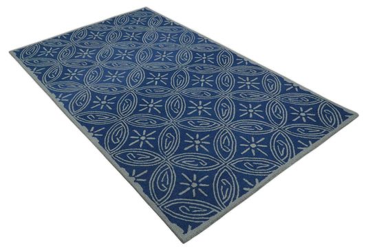 Custom Made Geometrical Pattern Blue And Gray Hand Tufted  Wool Area Rug