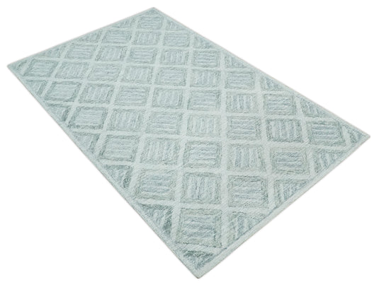 Custom Made Geometrical Trellis Pattern Silver And Gray Hand Tufted  Wool Area Rug